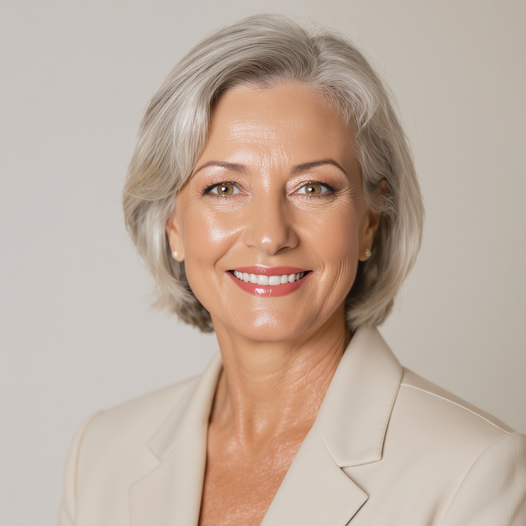 Portrait of mature woman with healthy glowing skin showing satisfaction and confidence